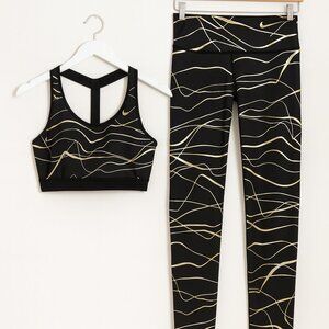 Nike Black & Gold Metallic Activewear Set | Sports Bra + Leggings | Workout Gym